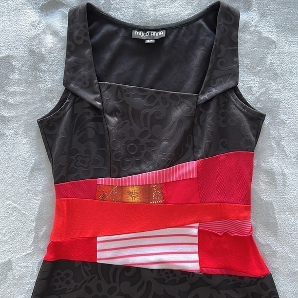 Myco Anna Patchwork Dress Square Neck Fit and Flare Black and Red Made in Canada - Picture 5 of 16
